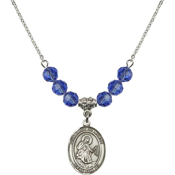 18-Inch Rhodium Plated Necklace with 6mm Zircon Birthstone Beads and Sterling Silver Our Lady of Mercy Charm. 18-Inch Rhodium Plated Necklace with 6mm Zircon Birthstone Beads and Sterling Silver Our Lady of Mercy Charm.